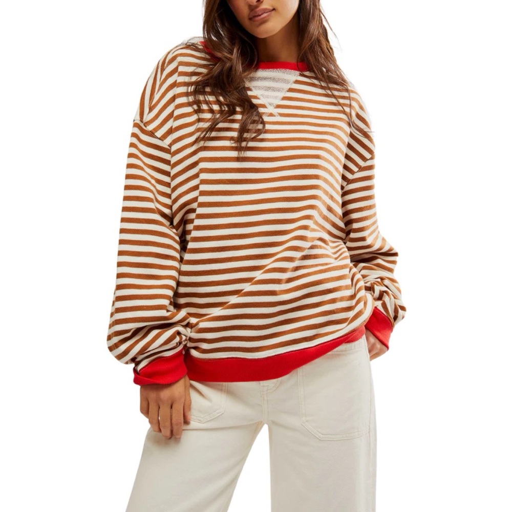 Free People Red and Brown Striped Pullover Sweatshirt
